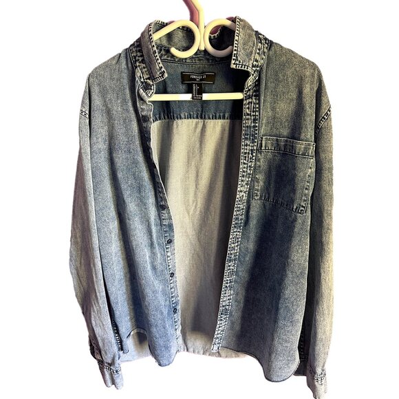 forever 21 faux jean denim mens flannel - Picture 1 of 3